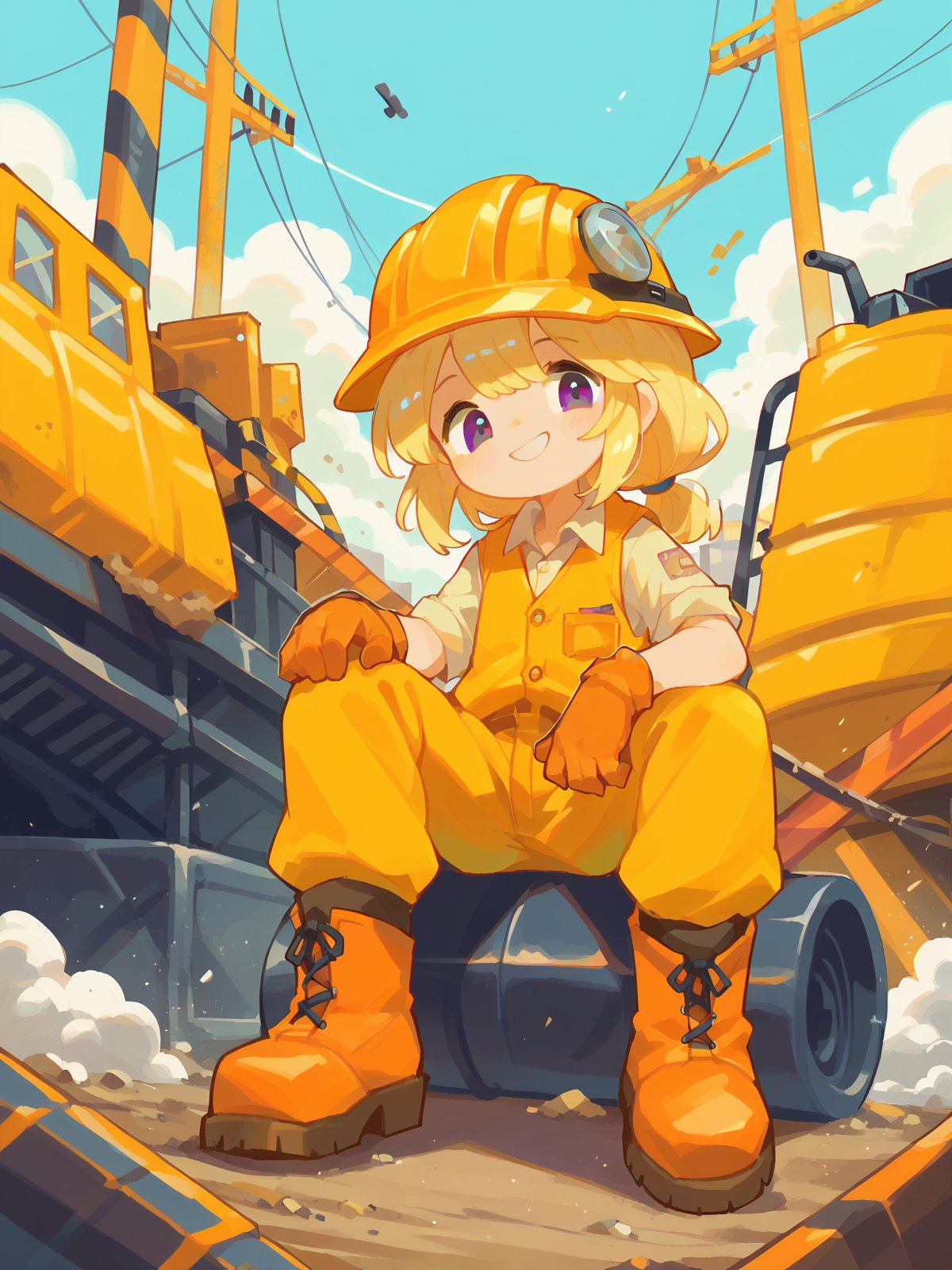 score_9, score_8_up, score_7_up, score_6_up, score_5_up, score_4_up, source_anime, rating_safe, embedding:zPDXL2, 1girl, solo, construction site, construction worker, yellow vest, boots, helmet, smile,