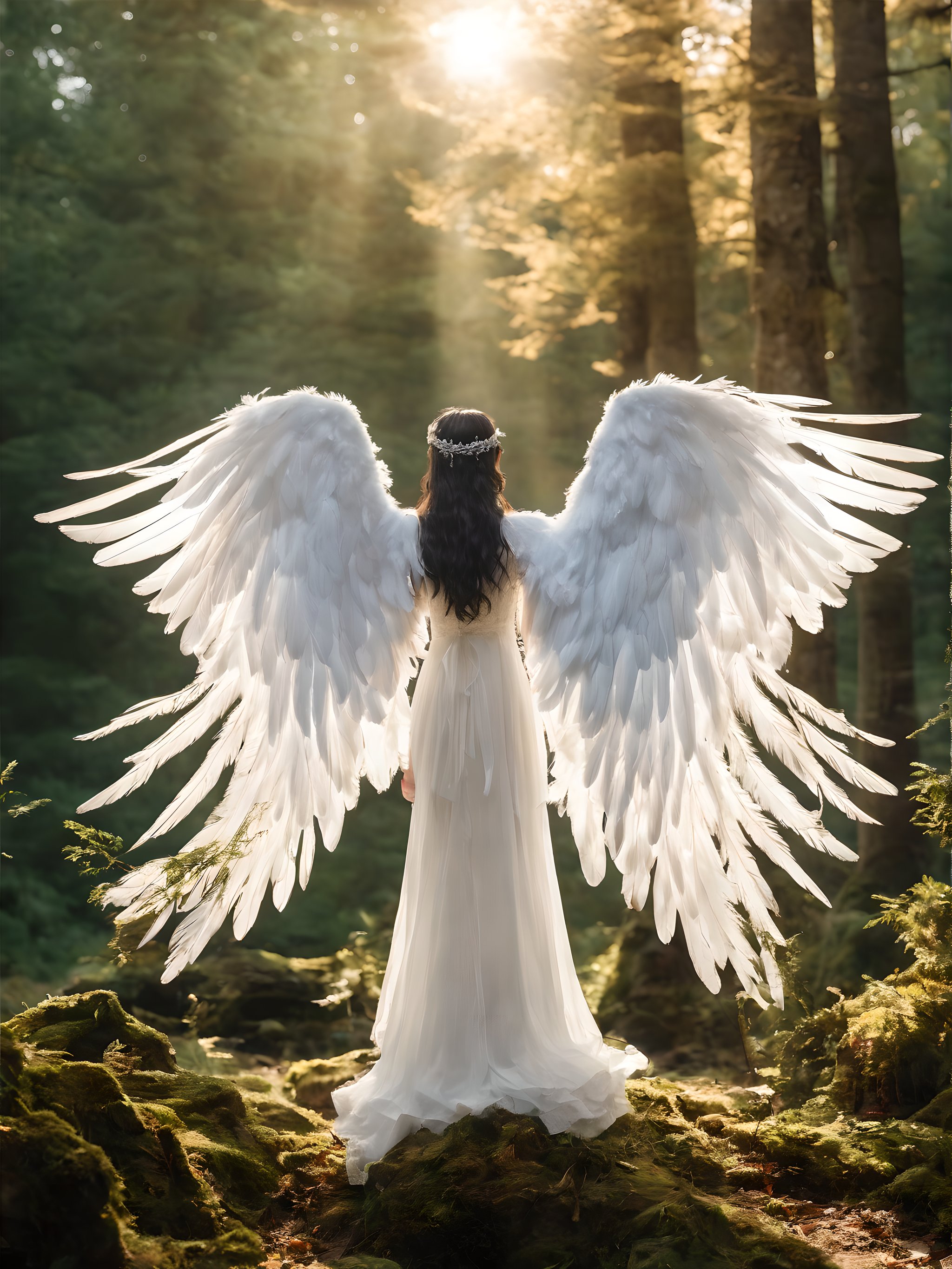 full body,(masterpiece:1.3),(8K, realisticlying, RAW photogr, Best quality at best:1.4),ultra - detailed,Cinematic lighting,HighDynamicRange,xunisheying,1 girl, angel, angel wings, barefoot, bird wings, black wings, dress, feather wings, feathers, halo, kishin sagume, big wings, long hair, mini wings, multi-winged, single wing, sitting, solo, spread wings, white feathers, white wings, wings, forest, tyndal light