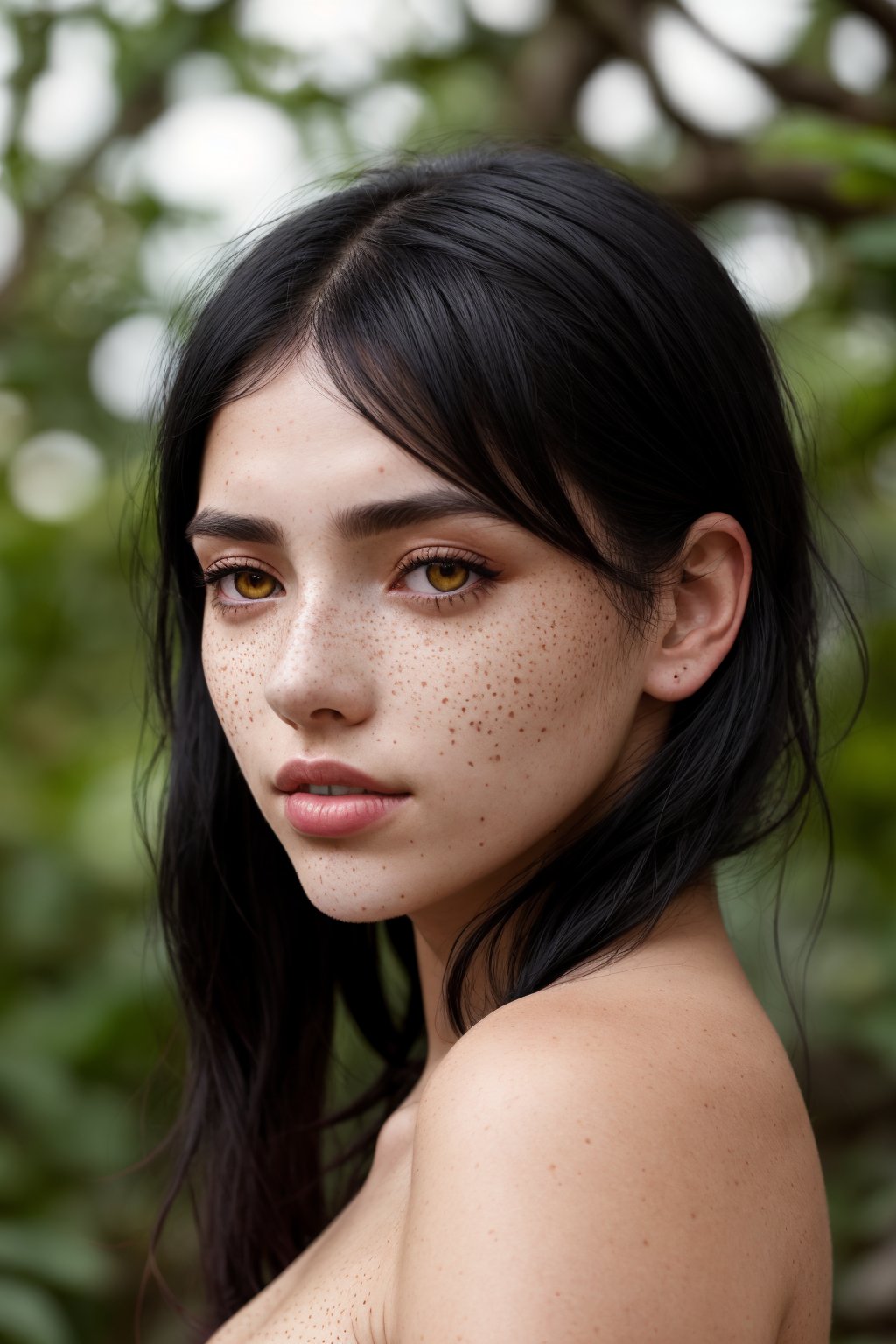 Medium distance photograph, (Young woman with striking black hair in natural environment:1.2), Off-center balance, Vivid hair color, Subtle freckles, (Gentle red eye shadow:1.2), Pale complexion, Earthy beauty, (Soft freckled skin:1.3), Image taken with a Fujifilm GFX 50R, 63mm f/2.8 lens, Warm ambient light, Serene atmosphere