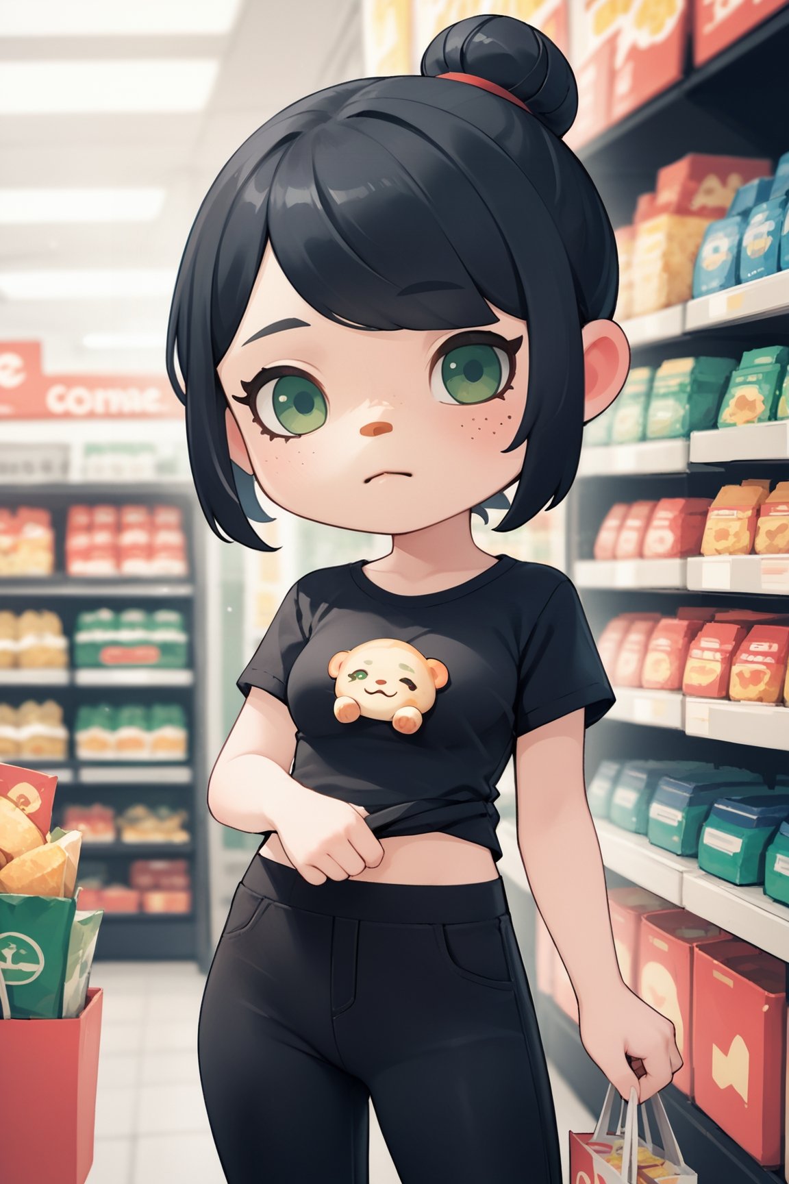 zPDXL3, score_9, score_8_up, score_7_up, score_6_up, score_5_up, score_4_up, 1girl, medium breasts, green eyes,black hair,very short hair,single hair bun,sleepy,standing,compression shirt,lowleg pants,convenience store,<lora:AnimalCrossing-v1:1> animal crossing, chibi, 