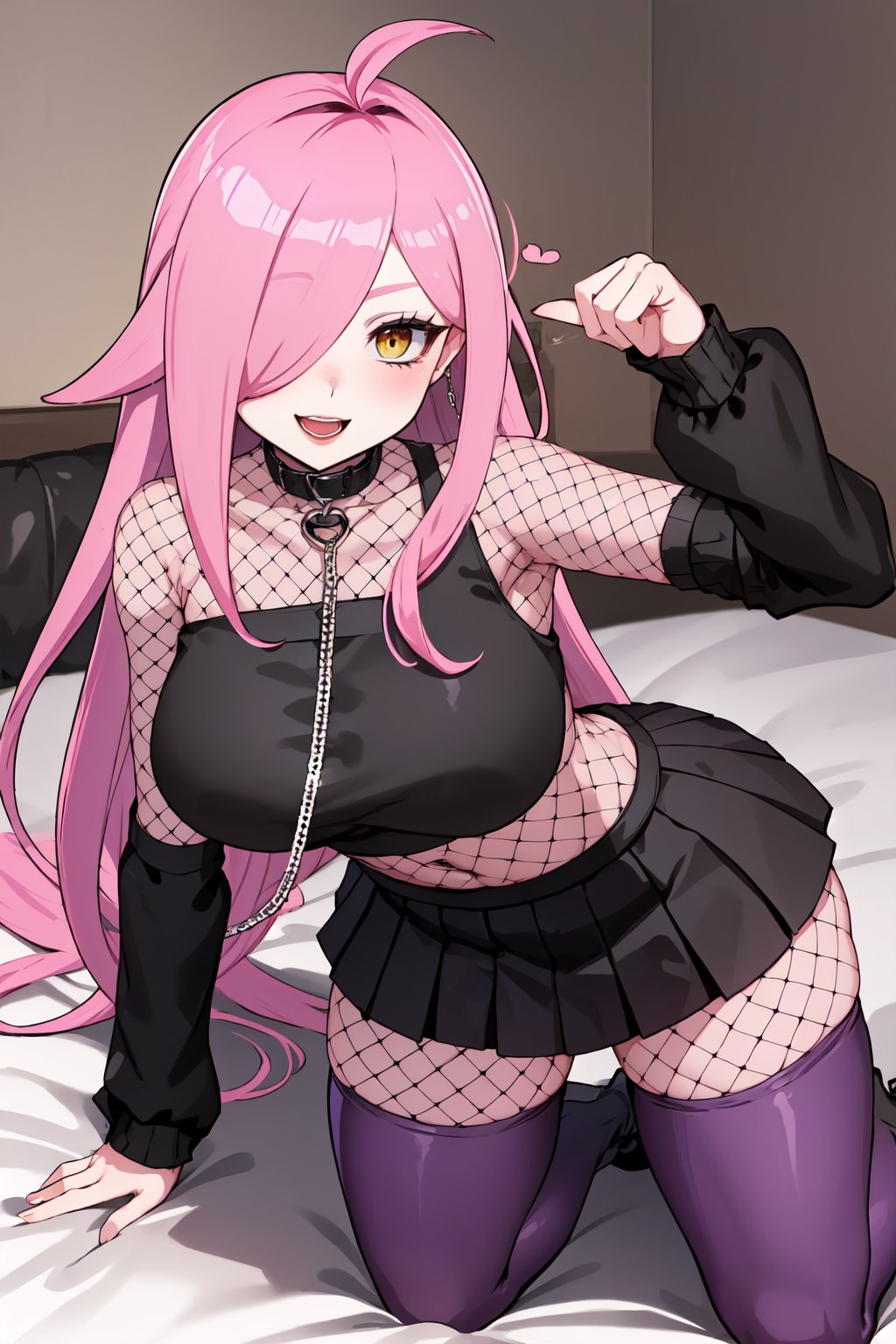 (masterpiece, best quality), NeneEfthyVT, yellow eye, hair covering one eye, long hair, pink hair, ahoge, collar, navel,  (black pads sleeve:1.2), collar with chain, black crop top, (mesh:1.3), purple skirt, black skirt, skirt, square skirt, (two tone skirt:1.3), (half color skirt:1.3), (thight mesh:1.3), ((purple thighhighs:1.3)), black boots, ((solo)), all fours, looking at viewer, seductive smile, open mouth, bedroom  <lora:NeneEfthyVT:0.7>