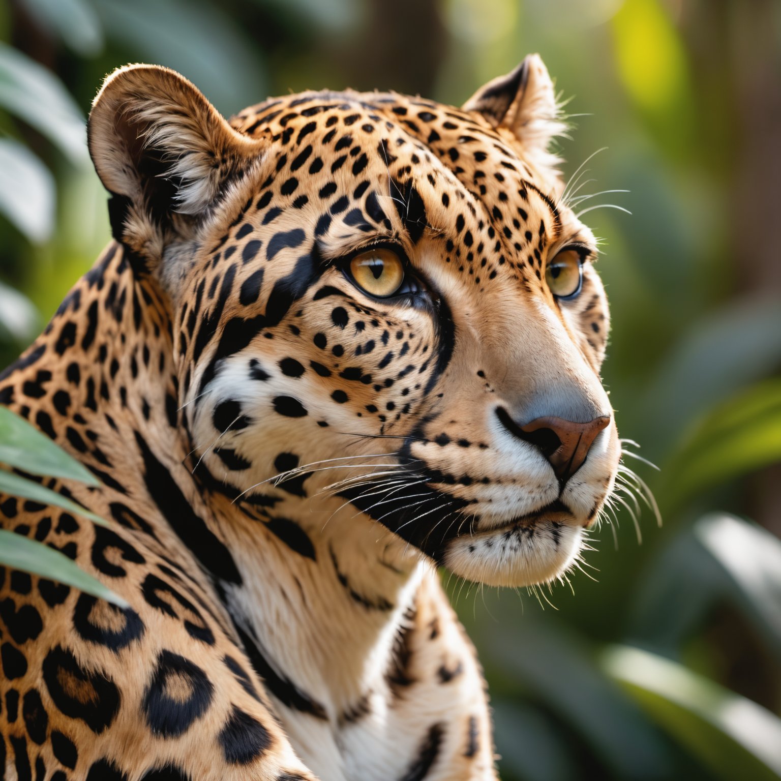 detailed , face photo of an jaguar, jungle background, high quality photography, 3 point lighting, flash with softbox, 4k, Canon EOS R3, hdr, smooth, sharp focus, high resolution, award winning photo, 80mm, f2.8, bokeh