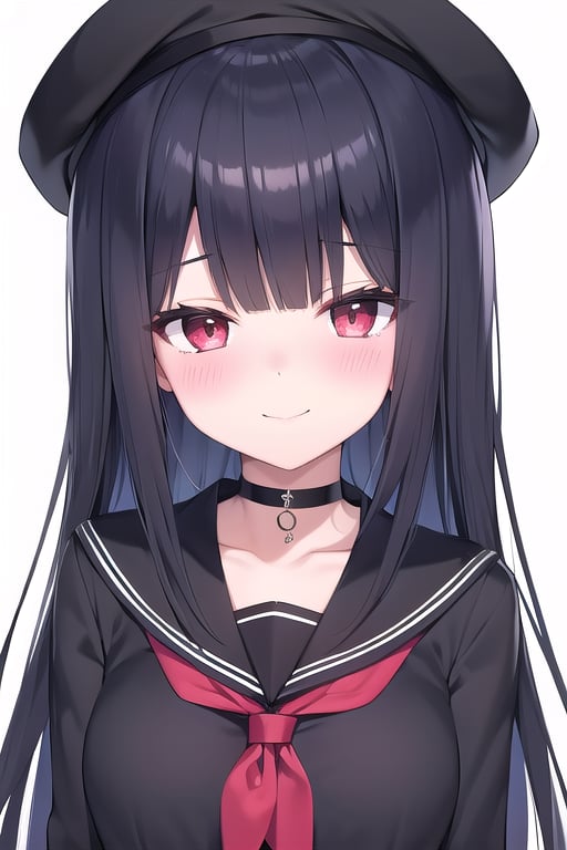 1girl, solo, long_hair, choker, black_hair, crop_top, red_eyes, hat, school_uniform, looking_at_viewer, upper_body, long_sleeves, shirt, collarbone, sailor_collar, smile, serafuku, neckerchief, black_shirt, white_background, black_headwear, midriff, simple_background, crop_top_overhang, black_choker, closed_mouth, beret, black_serafuku, blush, breasts, hand_up, bangs, red_neckerchief, black_sailor_collar, very_long_hair, blunt_bangs,mob chan<lora:EMS-14220-EMS:0.800000>, <lora:EMS-397510-EMS:1.000000>