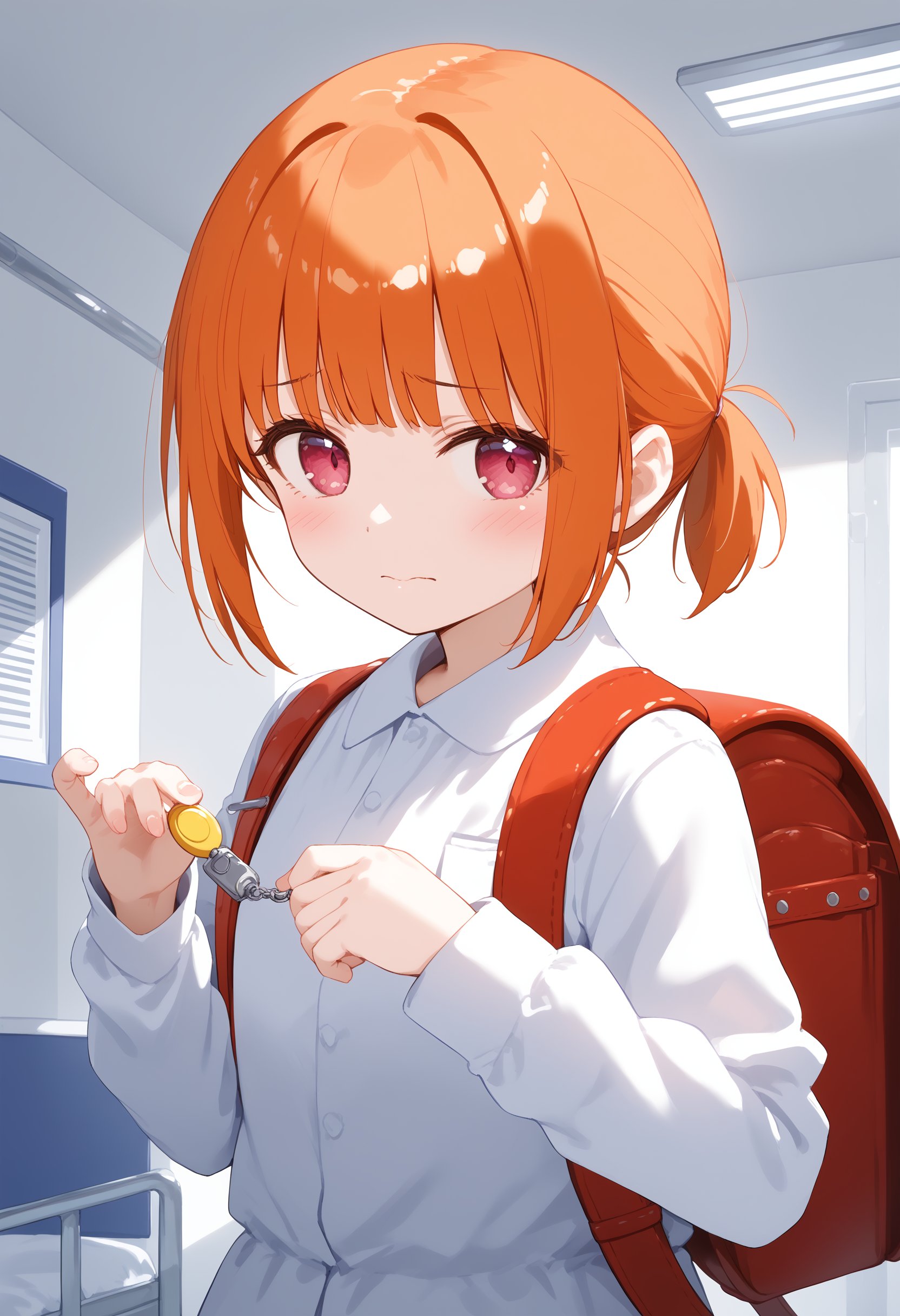 1girl, solo,crime prevention buzzer, holding, looking at viewer, hands up, randoseru, backpack, <lora:crimepreventionbuzzer_Pony_v1:0.8>ceiling, fisheye lens, looking away, orange hair, pink eyes,embarrassed, in hospital, closed mouth, short ponytail hair,,