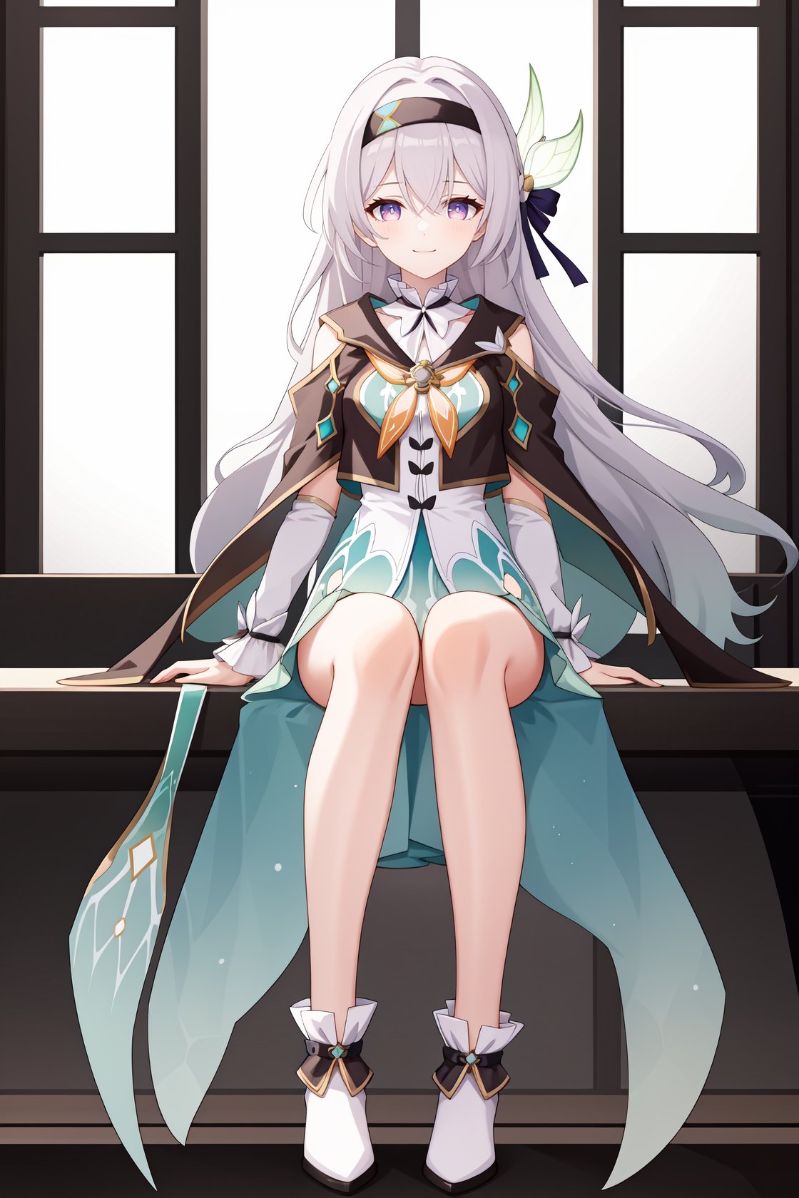 1girl,a girl named liuying,liuying,long sleeves,long hair,high quality,black hairband,(purple eyes:0.6),light smile,black capelet,green dress,full body,grey hair,bare legs,<lora:流萤21-000011:0.9:lbw=char>,sitting,spread legs, (masterpiece,best quality:1.2),absurdres, high quality,