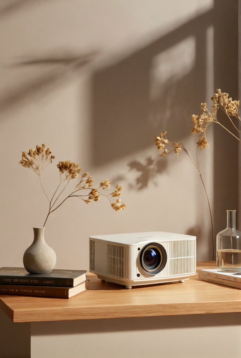 Product home scene,with a silver projector placed on the cabinet,next to a decorative painting,dried flowers,and books,close-up,light colored wall background,wooden table,modern minimalist style,warm natural light,still life photography. Environmental lighting,4k product shooting,product rendering,surreal rendering Vray,Unreal 5,<lora:aki-3c数码-000008:0.6>,