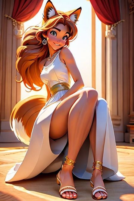 (((ultra realistic 3D anime)))((first-person view)),POV, low angle view, viewer lying on a four-poster bed, Toonifox, placing her foot on the viewer's stomach, full body shot, flirty, elegant, classy, brown hair, in a slightly undone bun, crowned with green laurels, wearing high gladiator sandals, glossy sweaty skin, voluminous bold plumed hairy tail waived up, detailed realistic skin texture, reflection of the sun on the skin, passage of morning light through the drapery of the ancient Roman period bedroom