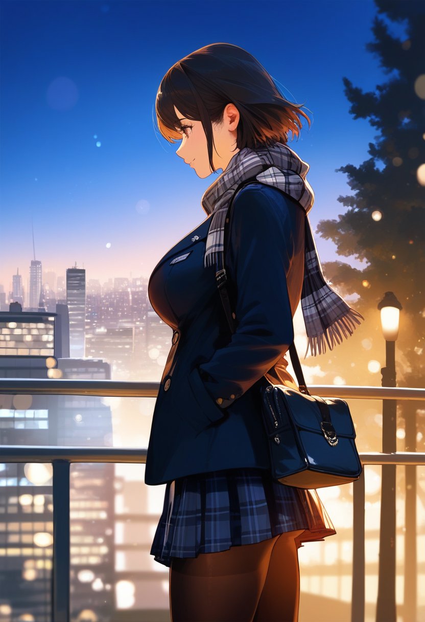 score_9, score_8_up, score_7_up, score_6_up, source_anime, <lora:CLD 0.1v:1>, CLD,1girl, solo, short hair, skirt, black hair, long sleeves, standing, pantyhose, outdoors, pleated skirt, sky, signature, bag, blurry, scarf, from side, coat, black pantyhose, tree, plaid, profile, night, depth of field, plaid skirt, building, night sky, scenery, city, hands in pockets, railing, cityscape, power lines, bokeh, plaid scarf, city lights, large breasts, 