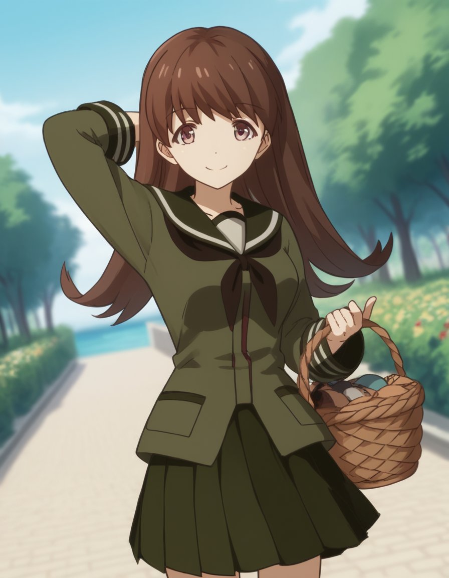 score_9, score_8_up, score_7_up, source_anime, <lora:kacolle-ooi-s1-ponyxl-lora-nochekaiser:1>, ooi, long hair, brown hair, brown eyes, ooi (kancolle), skirt, school uniform, pleated skirt, serafuku,, farmers market, fresh produce, local vendors, baskets, sunny day, community, smile, looking at viewer, hand behind head, smile,, solo,, cowboy shot, dutch angle