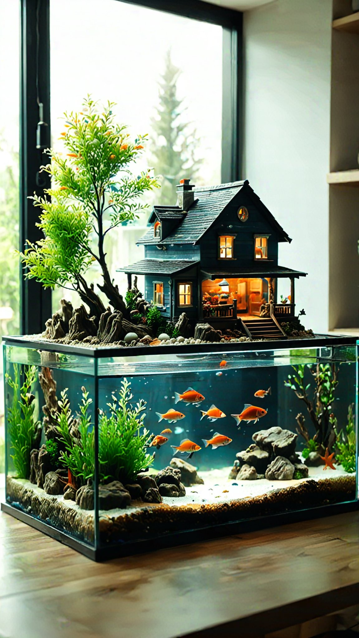 close-up a landscape in a Fish tank with a house, trees, fish, on a table in a living room, soft natural lighting, landscape, fish tank, UHD