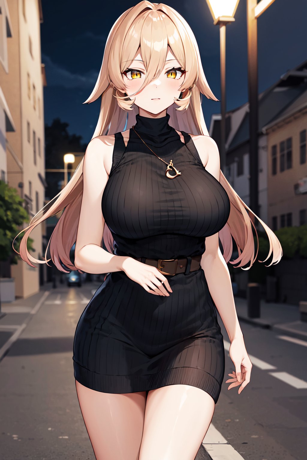 masterpiece, best quality, highres, aanui, long hair, blonde hair, hair between eyes, yellow eyes, large breasts,  <lora:nui_sociere_v1:0.7>, sweater dress, sleeveless, turtleneck, street, standing, night