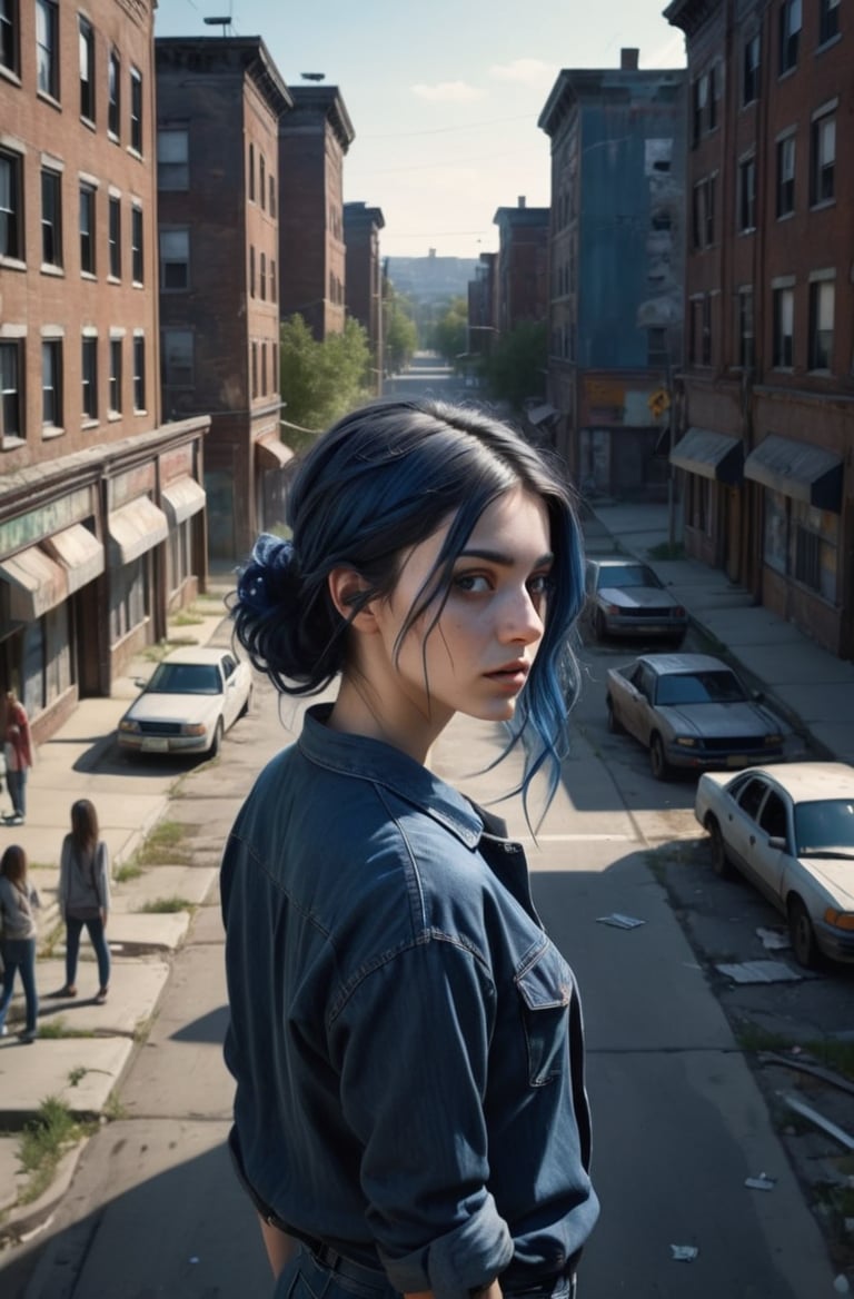 masterpiece of photorealism, photorealistic highly detailed 8k photography, best hyperrealistic quality, volumetric lighting and shadows, prom hairstyle dark blue hair young woman in casual clothes, Haunted Abandoned Asylums full of busy people, Aerial View of a Dynamic Urban Intersection