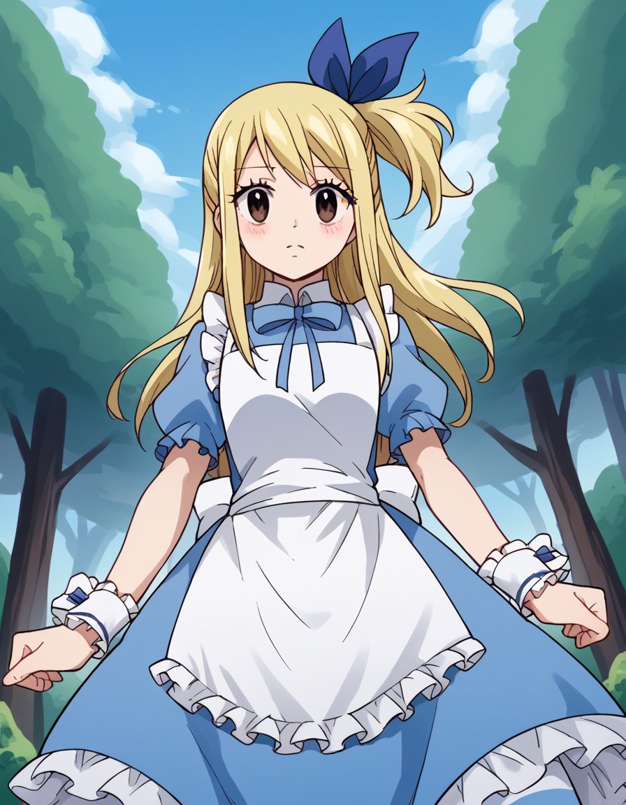 score_9, score_8_up, score_7_up, source_anime, lucyheartfilia, <lora:lucy-heartfilia-s7-ponyxl-lora-nochekaiser:1>, lucy heartfilia, blonde hair, brown eyes, long hair, one side up, ribbon, hair ribbon, blue ribbon,, <lora:alice-cosplay-ponyxl-lora-nochekaiser:1>, alicecosplay alice \(alice in wonderland\) \(cosplay\), apron, black pantyhose, bloomers, blue dress, bow, dress, frilled apron, frilled dress, frills, puffy short sleeves, puffy sleeves, striped clothes, striped pantyhose, white apron, white bloomers, white pantyhose, wrist cuffs,, landscape, forest, blush,, cowboy shot, dutch angle, solo,