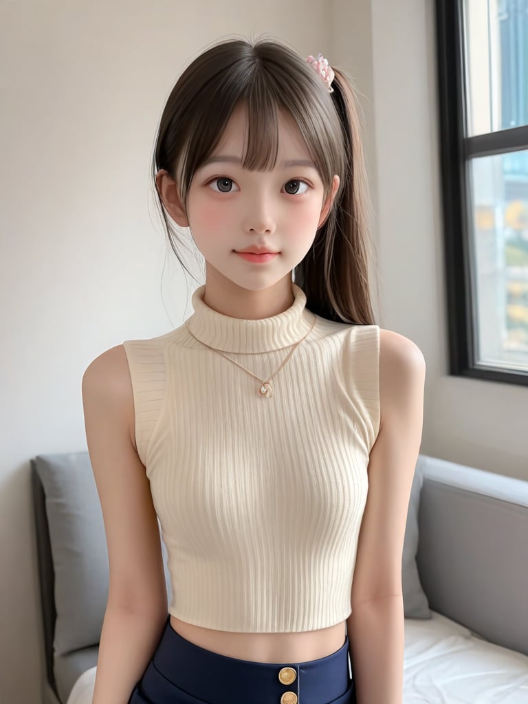 ((score_9, realistic)), ((face focus)), ((fair skin)), ((skinny)), 1girl, on side up, cute, idol, jpop, kpop, belle, pretty, petite, narrow waist, highneck sweater, indoors, <lora:ADetailerNetidolFace_pony:0.5>,