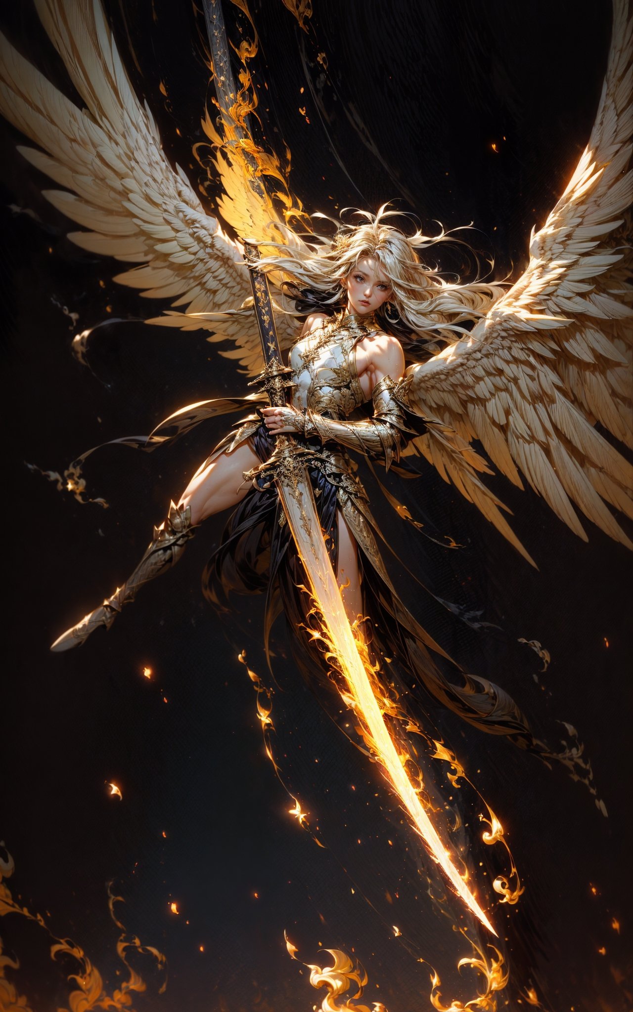 angel,Super powerful flame angel flies out of the clouds, behind him is golden meteor magic surrounding his body, Gothic style, gorgeous golden armor, huge flame great sword, rich background, sword art background, film shooting, depth of field, Super visual, Super visual ,(exposed shoulders，bare shoulders，exposed abdomen:1.3)，Flamboyant armour，Angel wings. Huge angel wings，<lora:绪儿-巨剑大天使V2 angel:0.8>