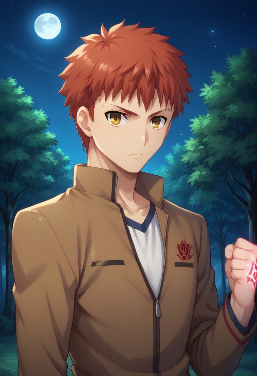 score_9, score_8_up, score_7_up, source_anime, highly detailed, shirouemiya, 1boy, male focus, homurahara academy school uniform, solo, school uniform, command spell on hand, yellow eyes, upper body, red hair, jacket, long sleeves,brown jacket, looking at viewer, orange hair, shirt, closed mouth, raised hand, mark on hand, aura,short hair, serious, closed fistoutdoor, trees, night, moon,