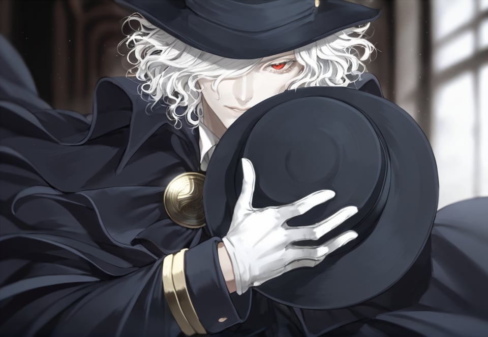 (best quality), ((masterpiece)), (highres), illustration, original, extremely detailed,   <lora:邪恶美学:0.7>edmond dantes \(fate\), hat, 1boy, male focus, white hair, solo, headwear removed, red eyes, gloves, hat removed, long hair, hair over one eye, white gloves, holding, holding clothes, wavy hair, holding hat