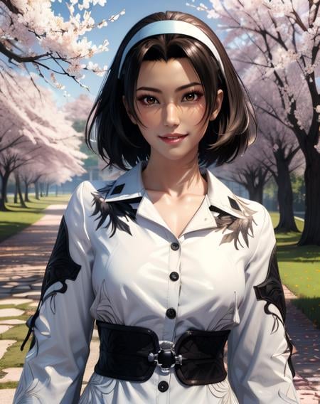 junkazama,black hair,medium hair,brown eyes,hairband,white top,long sleeves,standing,upper body,smile,outdoors,morning,spring,(insanely detailed, masterpiece, best quality),solo,<lora:JunKazamaT8:0.8>,