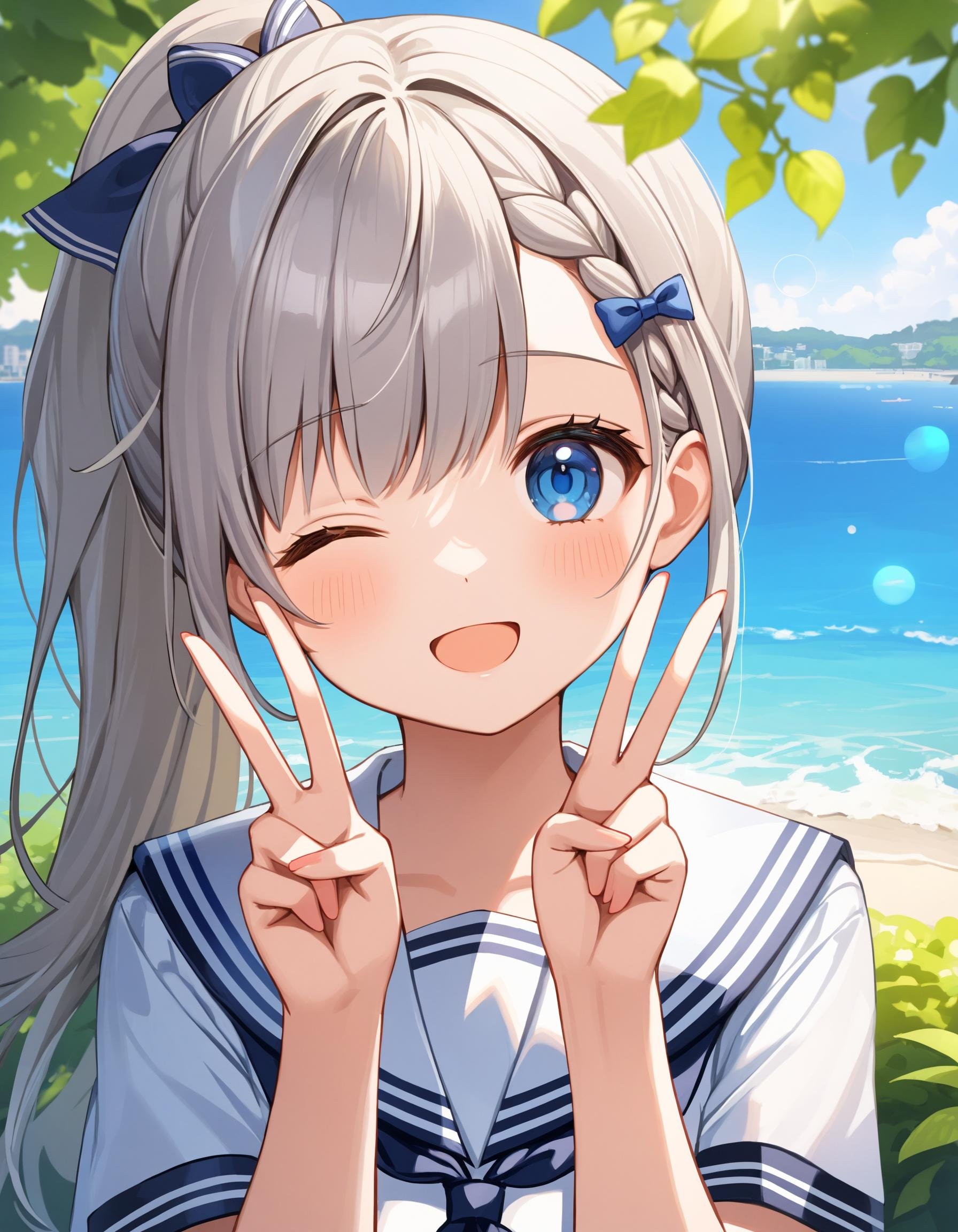 Portrait. Shooting from front. A cute girl. Solo. (Chibi:0.45). (Cute round face:1.1). Detailed dark-blue eyes. Tareme. One eye closed. Long wavy high (ponytail:1.2) with big ribbon hair ornament, (gray hair), (gray inner hair), left side french braid, ahoge and asymmetrical bangs. Detailed slender body. Medium breasts. School uniform. White sailor shirt, short sailor sleeves, navy sailor collar, bow tie and navy pleated skirt. :D. (Double peace sign:1.25). Looking at viewer. Fashionable green park. Lush greenery. Ocean view. Blue sky. Lens flare. Summer. Daytime. (Sunbeam:1.4). Cute style. Intricate details. Extremely detailed. Outstanding intricacies. (Masterpiece:1.2). (Best quality:1.2). (Absurdres absolutely resolution:1.4).