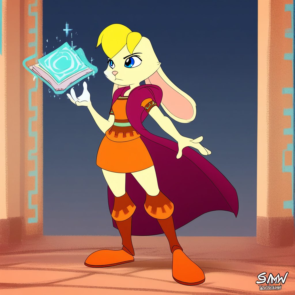 score_9, score_8_up, score_7_up, score_6_up, score_5_up, score_4_up, <lora:bianca_the_rabbit:1>, bianca, furry female anthro, rabbit girl, orange dress, peach-yellow fur color, boots, short dress, hooded cloak, wand, (body fur:1.2), (detailed fluffy fur:1.1), short sleeves, short hair, blonde hair, bangs, bunny ears,  blue eyes, animal nose, animal ears 1girl, solo, indoor, castle background, magic