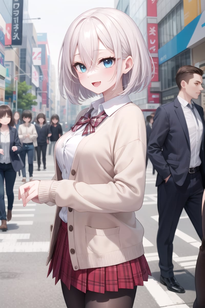 insanely detailed, absurdres, ultra-highres, ultra-detailed, best quality,1girl, solo, nice hands, perfect handsBREAK(School Uniforms:1.2), (pink cardigan is fit body:1.4), ((do up a buttons, not loose):1.5), ((long sleeve, sleeves past wrists):1.2), (inner wear is white collared-shirt:1.3), (red plaid-pattern bow:1.3), (red plaid-pattern pleated skirt:1.3), ((dark-brown pantyhose, loafers):1.2)BREAK(nsfw:-1.5)BREAKhappy smile, laugh, open mouthBREAKfrom side,standing, cowboy shot, looking at viewerBREAKslender, kawaii, perfect symmetrical face, ultra cute girl, ultra cute face, ultra detailed eyes, ultra detailed hair, ultra cute, ultra beautifulBREAKshibuya, akihabara, tokyo, street, crowd, cityscape, depth of field, ultra detailed backgroundBREAKmedium breastsBREAKgrey hair, blue eyes, bob with bangs, hair between eyes