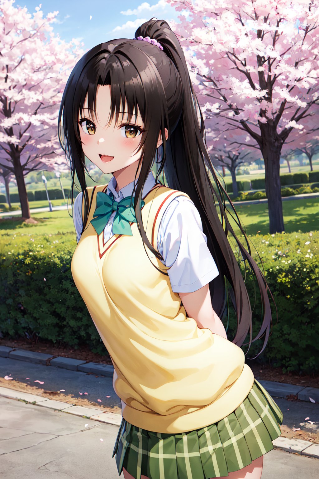 masterpiece, best quality, highres, 1girl, solo, long hair, black hair, ponytail, parted bangs, brown eyes, school uniform, green bowtie, white shirt, short sleeves, sweater vest, yellow vest, plaid skirt, green skirt, <lora:kujou_rin_v1:0.7>, arms behind back, standing, cowboy shot, cherry blossoms, leaning forward, smile, open mouth, outdoors