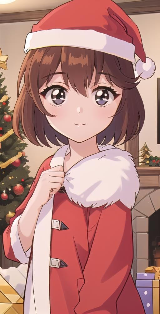 YS, 1girl, solo, portrait, looking at viewer, short hair, wearing santa hat, santa coat, room, christmas tree, perfect quality, good quality, masterpiece, HDR, UHD <lora:Yukina Shiratori:0.75>