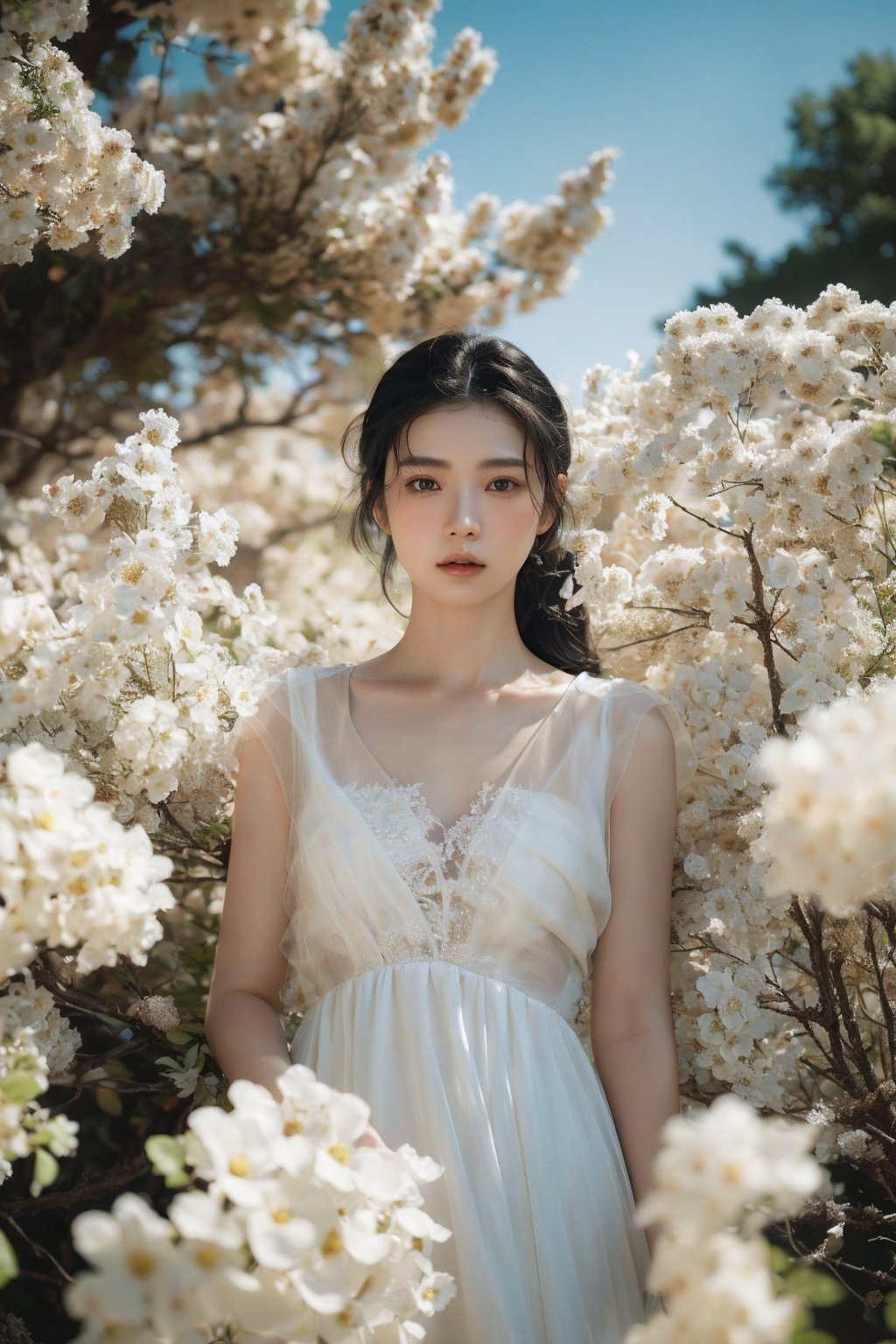 (RAW photo, 4k, realistic),masterpiece,best quality,official art,ultra-high resolution,original photo,8k quality,ultra realistic,ultra realistic,extremely beautiful skin,whole body,1 girl,flowers,white dress,bare branches,white moss,black hair,tree,solo,surrounded by white flowers,realistic,stunning details,full of amazing vitality and contrasting colors,soft lighting,vivid lighting,exquisite techniques,harmonious composition,cowboy photography,