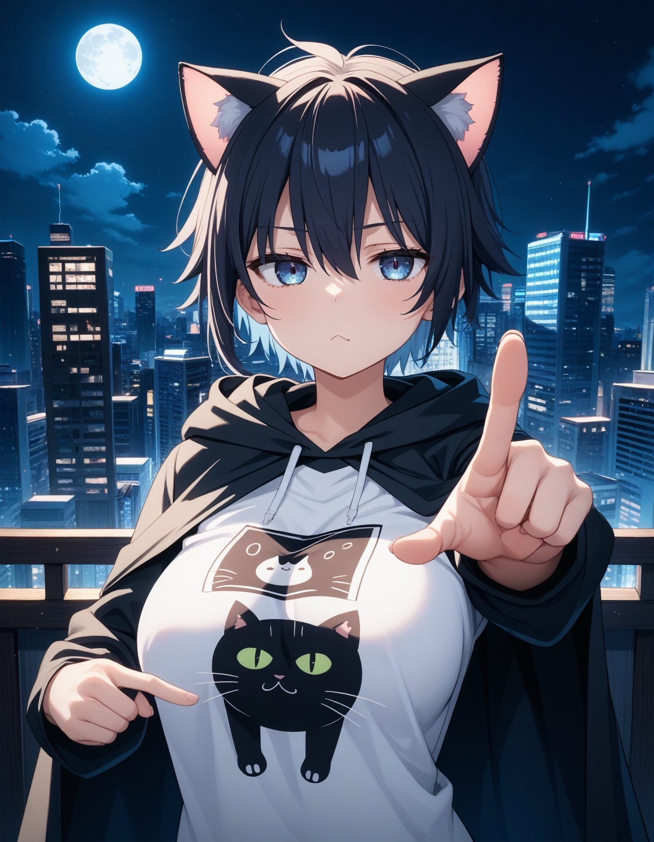 masterpiece,best_quality,BREAK1girl,large_breasts,jitome,tomboy,cat_ears,hooded_cape,cat_print_shirt,pointing,upper_body,BREAKmoon_night,skyscraper,