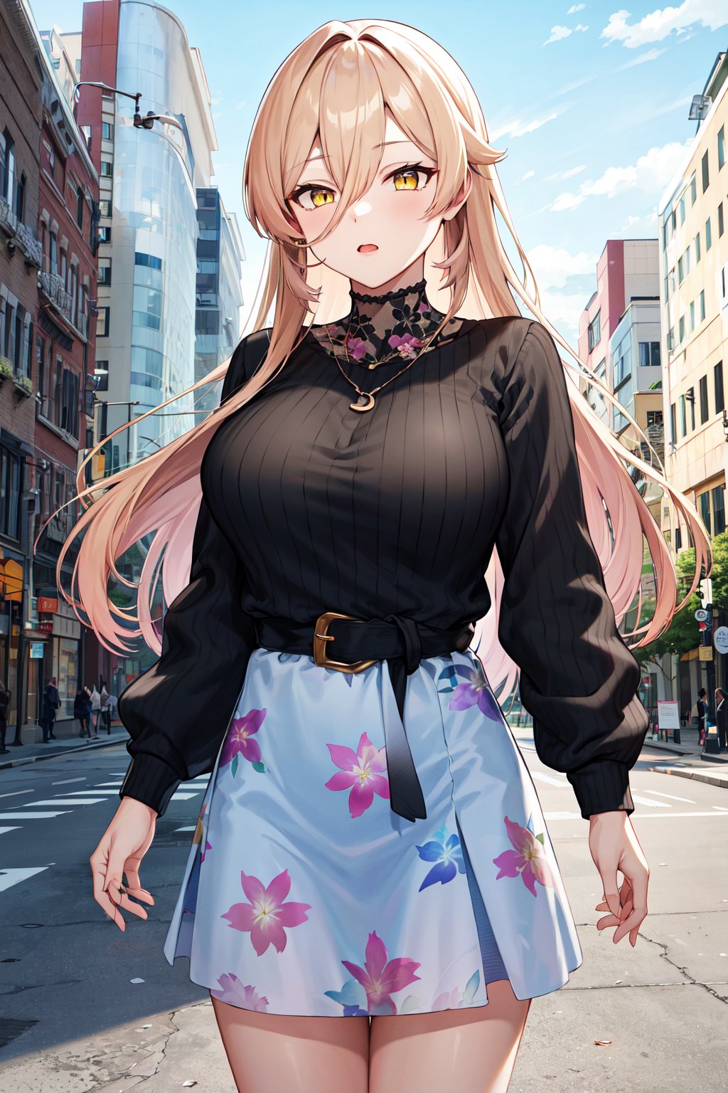 masterpiece, best quality, highres, bbnui, long hair, blonde hair, hair between eyes, yellow eyes, necklace, (black sweater:1.2), long sleeves, black belt, blue skirt, floral print, <lora:nui_sociere_v1:0.7>, standing, cowboy shot, street,