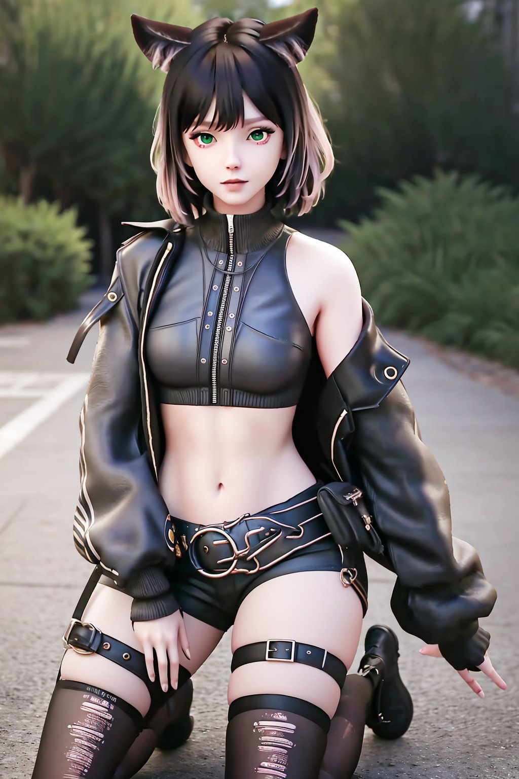 (best quality,masterpiece:1.2),ultra detailed,8k,RAW photo,realistic,photorealistic,ultra-detailed,intricate detail,extremely detailed,delicate pattern,looking at viewer,<lora:C_黑桃_AUG:0.7>,1girl,solo,ht,animal ears,short hair,black hair,bangs,green eyes,necklace,black jacket,crop top,open jacket,zipper,pouch,open clothes,sleeves past wrists,long sleeves,off shoulder,fingerless gloves,midriff,navel,black shorts,belt,bike shorts,thigh strap,black thighhighs,torn thighhighs,kneeling,