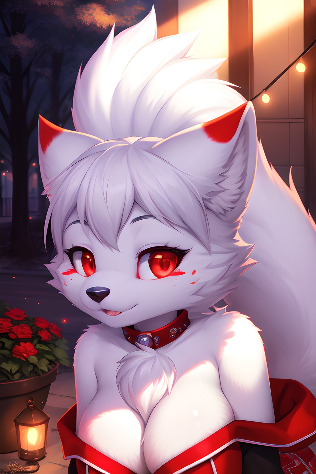 furry, white fur, ultra cute face, red elements on fur, beautiful lights and shadows, ambient light, ultra detailed fur, volumetric light