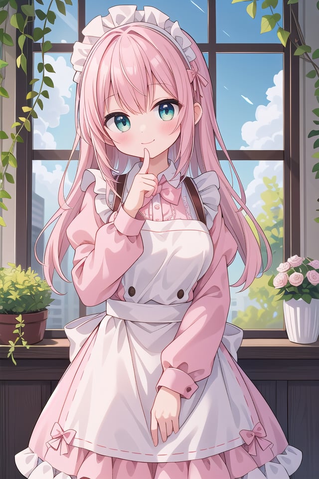 insanely detailed, absurdres, ultra-highres, ultra-detailed, best quality,1girl, solo, nice hands, perfect hands,BREAKapron, blush, bow, bowtie, frilled apron, frills, long sleeves, maid, maid apron, maid headdress, waist apron, white apronBREAKsmile, closed mouthBREAKfinger to mouth, index finger raised, shushing, cowboy shot, looking at viewer,BREAKslender, kawaii, perfect symmetrical face, ultra cute girl, ultra cute face, ultra detailed eyes, ultra detailed hair, ultra cute, ultra beautiful,BREAKday, flower, ivy, leaf, indoors, open door, plant, potted plant, vines, window,BREAKwhite (pink:1.2) hair, green eyes, long hair, medium breasts, bangs, eyebrows visible through hair,