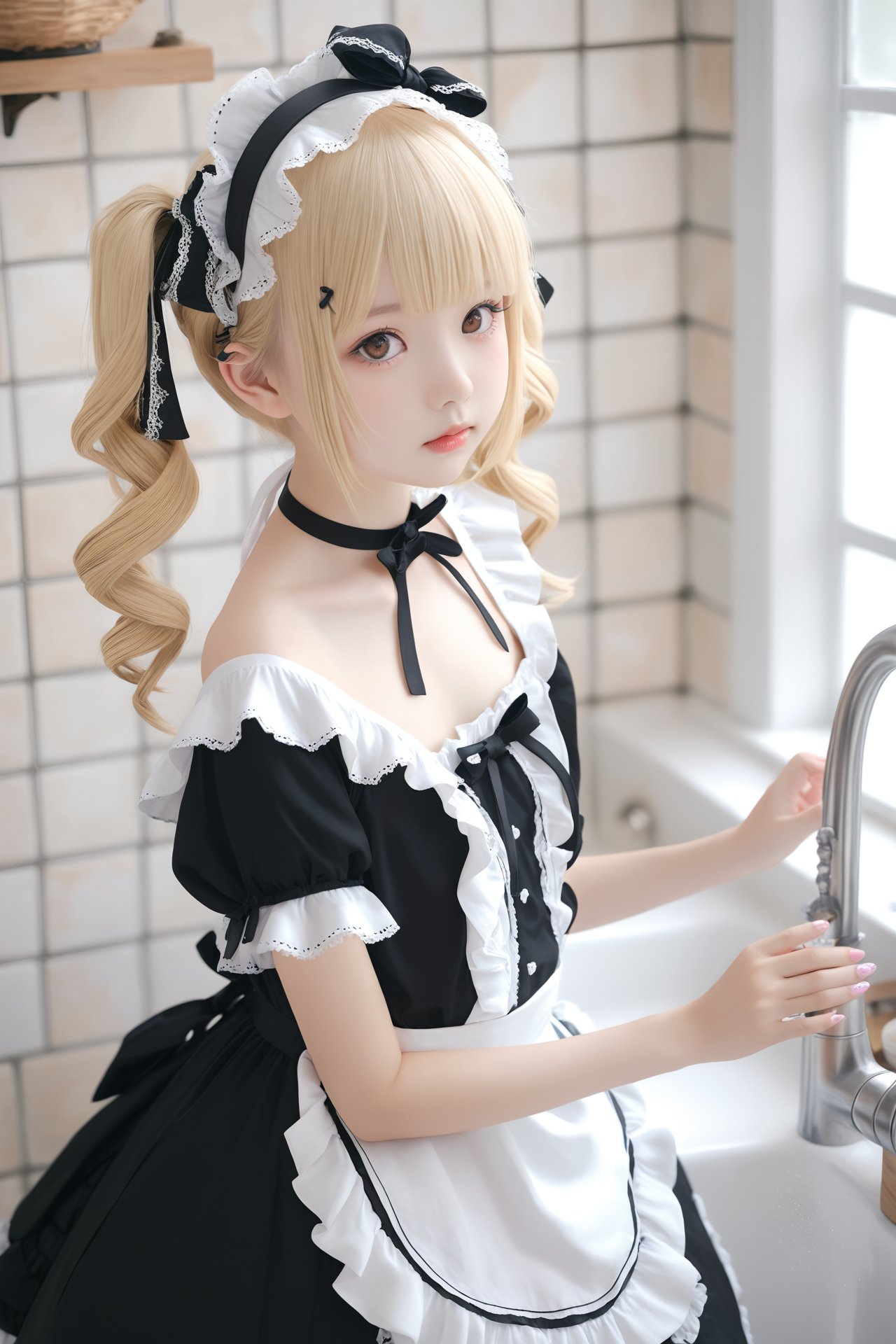 masterpiece, Realism, best quality, loli, 1girl, solo, blonde hair, realistic, indoors, drill hair, kitchen, frills, hair ornament, black dress, bare shoulders, apron, blurry, hairband, sink, looking at viewer, detached sleeves, maid headdress, maid, halterneck, lolita hairband, hairclip, twintails, blunt bangs, brown eyes, gothic lolita, ribbon, black ribbon, window, marie rose, photorealistic, bathroom, choker, lolita fashion, arm up, collarbone, hair ribbon, lips, white apron, closed mouth, scrunchie, long hair, tiles, upper body, frilled dress, criss-cross halter, frilled sleeves, tile wall, short sleeves, depth of field, nail polish, medium hair