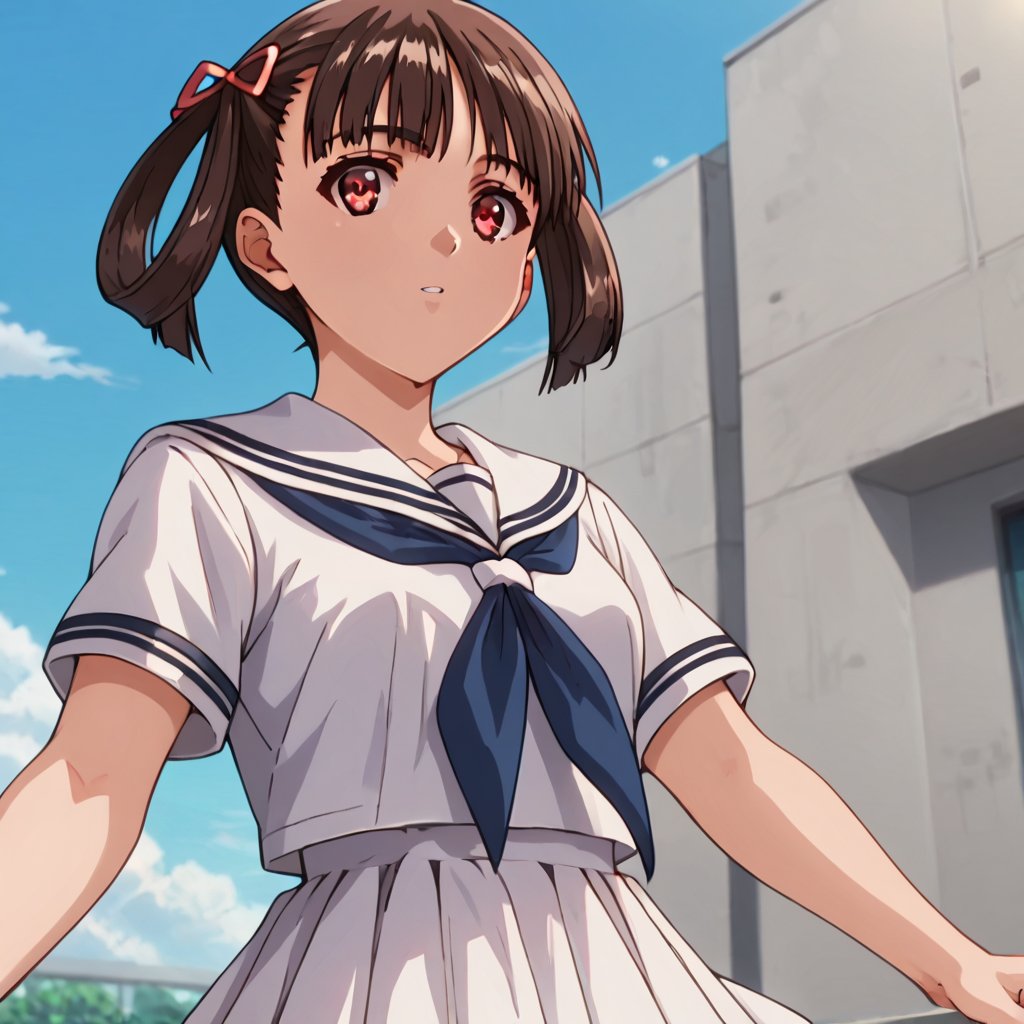 score_9, score_8_up, score_7_up, score_6_up, score_5_up, score_4_up, source_anime,soratani natsuki,1girl, solo, school uniform, red eyes, brown hair, serafuku, sky, day, hair rings, looking at viewer, from below, outdoors, short hair, neckerchief, upper body, parted lips, hand on headwear, short sleeves, blue neckerchief, cloud, blue sky, sailor collar, hair loop, white skirt, cowboy shot,masterpiece, perfect face, best quality, beautiful girl, cute girl, beautiful eyes, shiny eyes, anime coloring, anime screencap, absurdres, award winning,<lora:soratani natsuki nova:0.8>