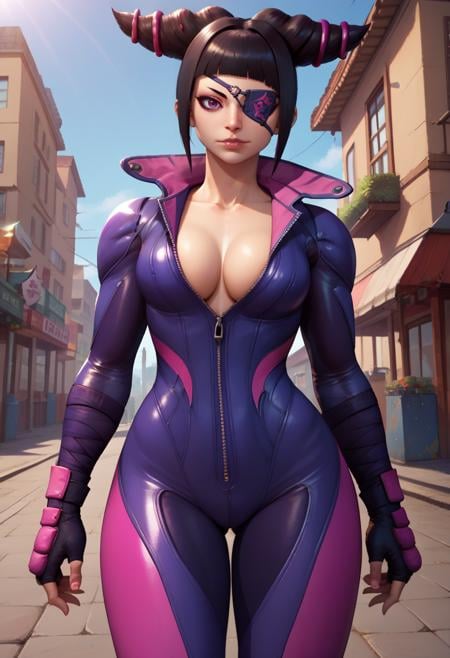 score_9,score_8_up,score_7_up,score_9,4k,HD,8k,highres,antialiasing,detailed,textureBREAK,<lora:Jurisf6v2-10:0.8>,han juri,1girl,solo,looking at viewer,short hair,large breasts,black hair,gloves,purple eyes,medium breasts,black gloves,blunt bangs,fingerless gloves,bodysuit,eyepatch,skin tight,:p,zipper,unzipped,purple bodysuit,hair horns,biker clothes,bikesuit,thighs,cowboy shot,street background,