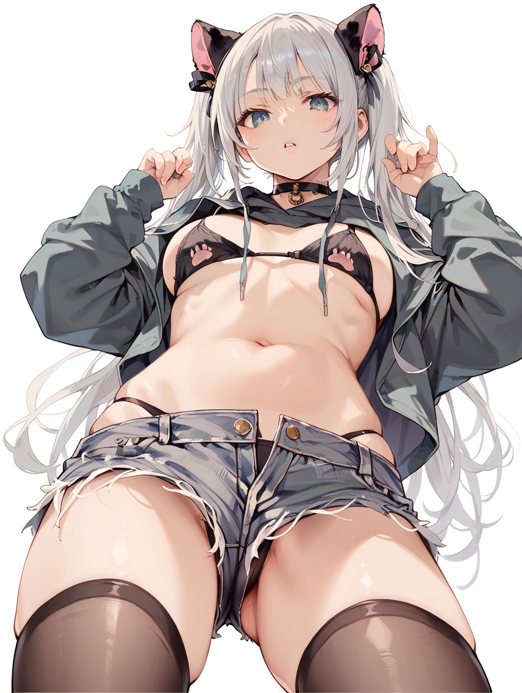 score_9, score_8_up, score_7_up white background, cowboy shot, sexycat,1girl,fake animal ears,choker,hood, hood up, panties peek,navel,black bra,panties,denim shorts,black thighhighs <lora:sexycat:1.0>