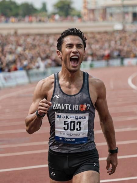 A photo of an athlete crossing the finish line, capturing the moment of triumph and exhaustion, with sweat and determination visible on their face, set against the blur of the cheering crowd.