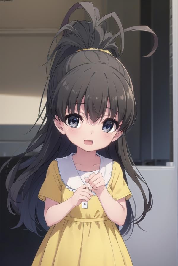 hinatakanashi, <lora:hina takanashi s1-lora-nochekaiser:1>,hina takanashi, long hair, black hair, (black eyes:1.3), ponytail, antenna hair, child, smile, open mouth,BREAK dress, yellow dress, short sleeves,BREAK indoors,BREAK looking at viewer, (cowboy shot:1.5),BREAK <lyco:GoodHands-beta2:1>, (masterpiece:1.2), best quality, high resolution, unity 8k wallpaper, (illustration:0.8), (beautiful detailed eyes:1.6), extremely detailed face, perfect lighting, extremely detailed CG, (perfect hands, perfect anatomy), 