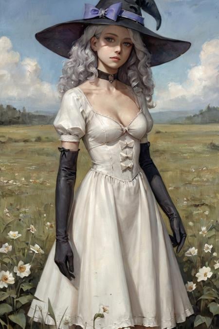 score_9, score_8_up, score_7_up, oil painting, traditional media, realistic, 1girl, witch hat, hat, solo, long hair, flower, dress, choker, puffy sleeves, looking at viewer, grass, white dress, bow, hat bow, white hair, black choker, plant, outdoors, blue eyes, purple eyes, black headwear, bangs, long sleeves, gloves, witch, blue bow, wavy hair, short sleeves, puffy short sleeves, elbow gloves, black gloves, standing, field, grey hair, sky, purple bow, breasts, curly hair, parted lips, expressionless, cowboy shot, closed mouth, leaf <lora:Cold Oil Gothic Style SDXL_LoRA_Pony Diffusion V6 XL:1>