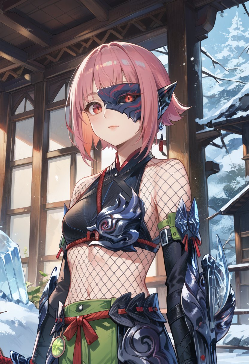 source_furry,(score_9:0.9),score_8_up,score_7_up,rating_safe,anime style,(zPDXL),<lora:Ex Odogaron Armor ponyXL v1.2:0.78>,ex odogaron armor,black mask,green gloves,green crop top,fishnets,green pants,green knee boots,glowing,solo,standing,1girl,red eyes,indoors,ice,snow,looking at viewer,pink hair,one eye covered,short hair,outdoors,upper body,