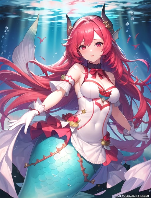 best quality, masterpiece, highres, detailed, digital artwork, <lora:Tools - add_detail:0.2>, AngeVG, <lora:AngeVG:0.8>, 1girl, red hair, long hair, red eyes, head fins, mermaid, underwater, white dress, frills, gloves, horns, 