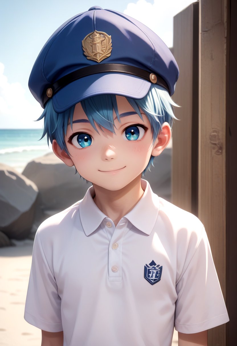 score_9, score_8_up, score_7_up, detailed eyes,beach, BREAKaoi, 1boy, (blue hair:1.2), polo shirt,  smile, male, male focus, closed mouth, captains hat, blue eyes, looking at viewer,male, male focus, blue hair, inside, corridors, petite, vivid colors, petite, cute, young, masterpiece, high quality, very_high_resolution, large_filesize, full color, detailed face, 