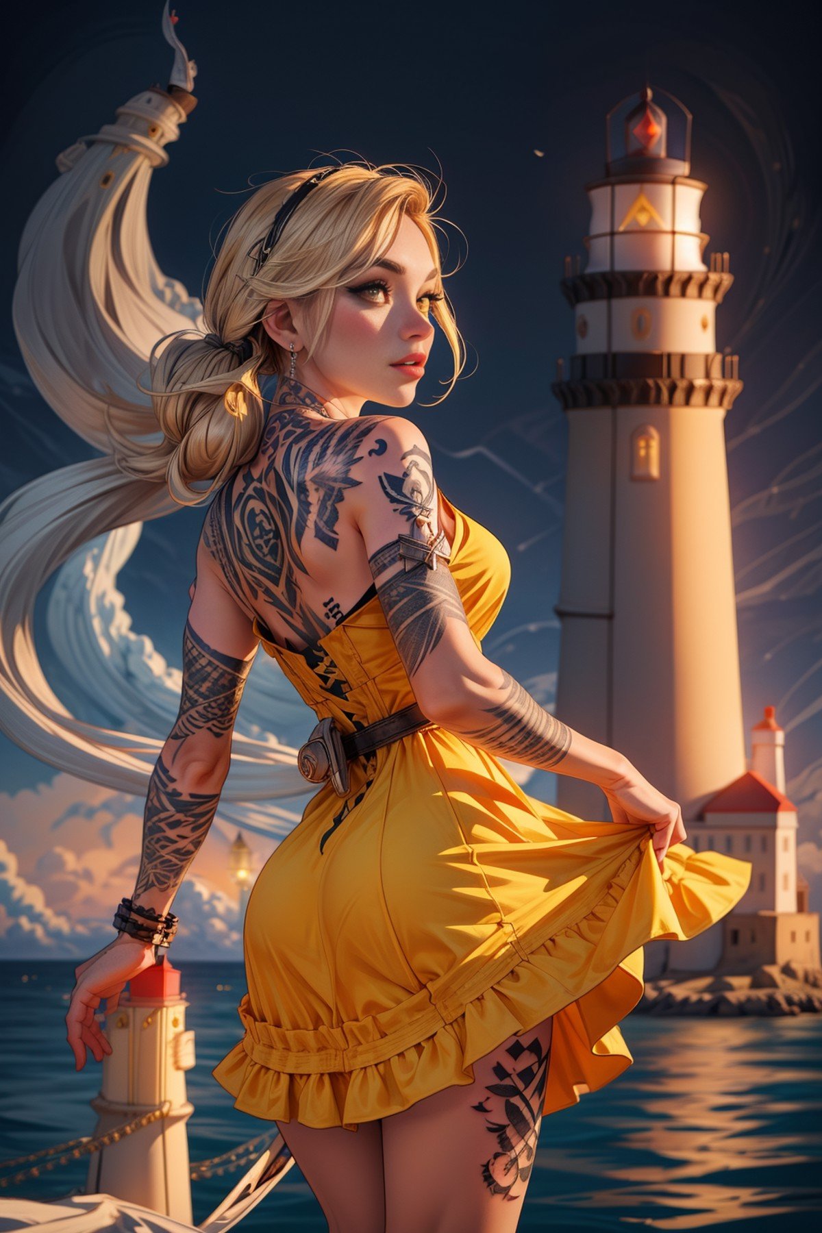 <lora:TattooWorld:1> (TattooWorld:0.9)   masterpiece, best quality,shch,(1woman:1.4) (yellow dress :1.3) ,solo,beautiful,attractive,cute <lora:more_details:.6> (lighthouse background:1.5) 