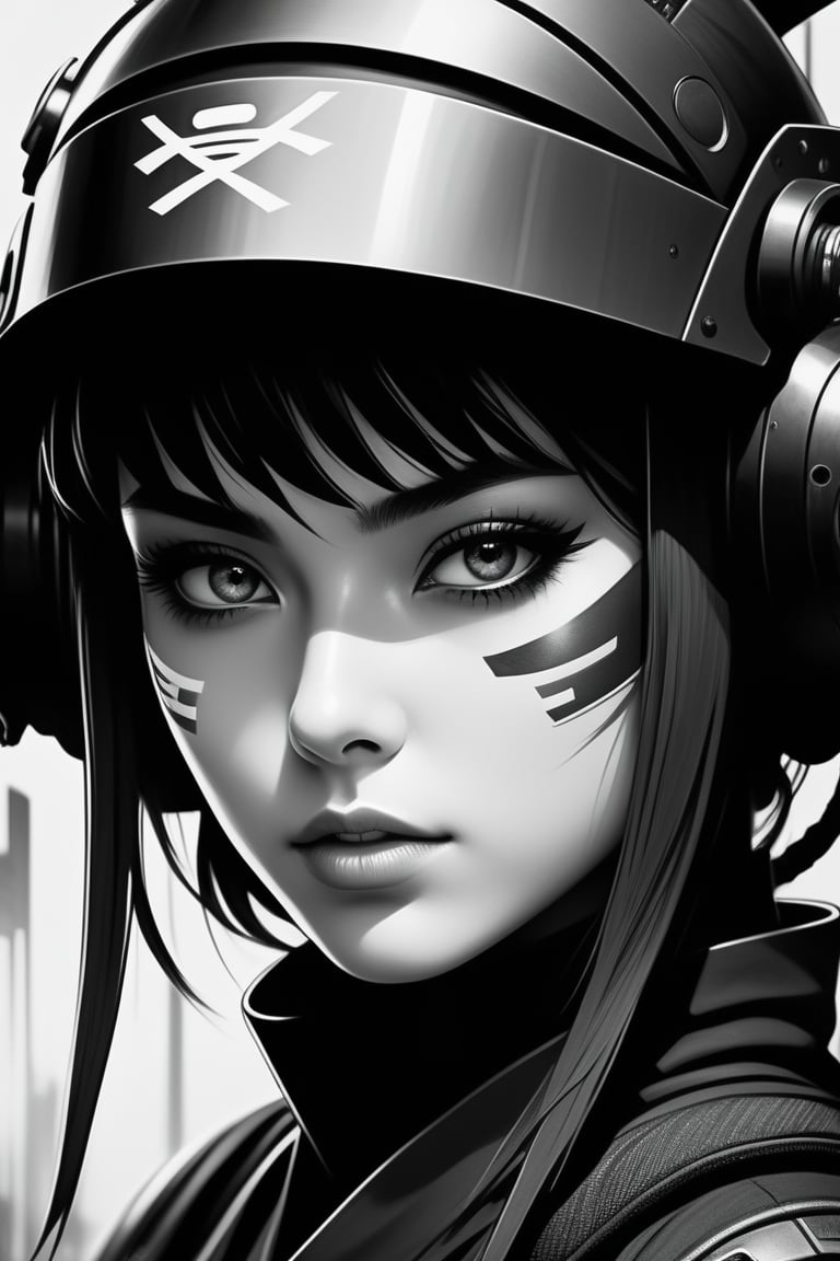 close up portrait, eyes shoot,PEN ART,black and white ,Cyber tech wear, beautiful girls, tech wear, giant technology headgear. Girl, kanji, end of the century, apocalypse, giant samurai sword, concept art, full body, looking at camera. Scary atmosphere, another world, future ninja, pen art, pen drawing, Ghost in the Shell, under ninja, eye power, dark art,