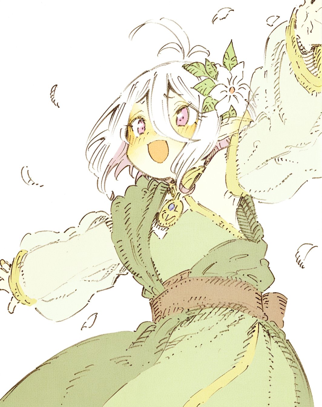 sketch, abara heiki, 1girl, kokkoro (princess connect!), hair ornament, flower, hair flower, short hair, pointy ears, elf, solo, hair between eyes, open mouth, see-through sleeves, smile, antenna hair, dress, detached sleeves, white background, sleeveless dress, simple background, puffy long sleeves, upper body, sleeveless, white flower, long sleeves, puffy sleeves, white hair, bangs, bare shoulders, green sleeves, :d, see-through, leaf, green dress, pink eyes, outstretched arm, blush, grey hair, bird, petals, red eyes, white dress,