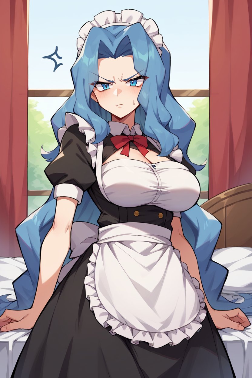 score_9, score_8_up, score_7_up, score_6_up, source_anime, BREAK 1girl, solo <lora:pkmnkaren-pdxl-nvwls-v1-000005:1> pkmnKaren, very long hair, blue hair, maid headdress, maid dress, apron, big breasts, bedroom, annoyed