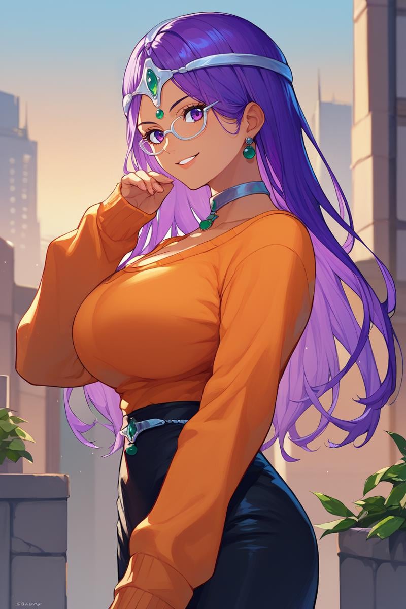 score_9, score_8_up, score_7_up, score_6_up, source_anime BREAK 1girl, solo  <lora:mineamanya-pdxl-nvwls-v1-000005:1> dqManya, purple hair, circlet, earrings, choker, orange sweater, large breasts, black skirt, tan, looking at you, smile, from side, glasses, city