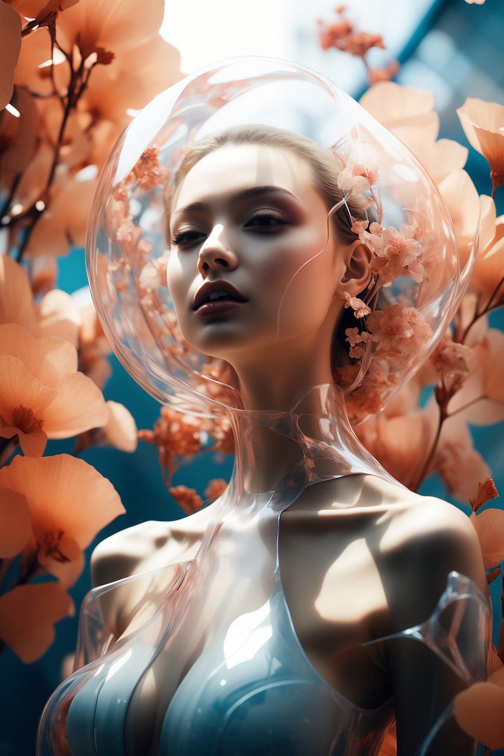 masterpiece,best quality,1 girl,surrounded by flowers,see-through,glass,