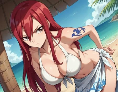 score_9, score_8_up, score_7_up, source_anime,erzascarlet, <lora:erza-scarlet-ponyxl-lora-nochekaiser:1>erza scarlet, long hair, red hair, hair between eyes, brown eyes,navel, swimsuit, bikini, tattoo, white bikini, sarong,outdoors, beach, bent over,looking at viewer, dutch angle, cowboy shot